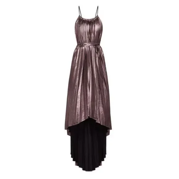 BCBG MAXAZRIA VALARIE Metallic Pleated Halter Gown Hi-Low Dress Size M NWT $368 - Picture 6 of 11
